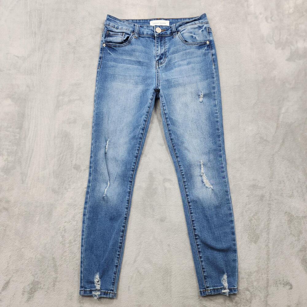 Ashley Mason Jeans Womens 9 Juniors Blue Mid Rise Skinny Distressed Stretch